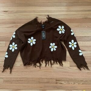 Just Polly Knit Sweater Womens Large Brown Daisy Cottagecore Fairy Artsy NWT